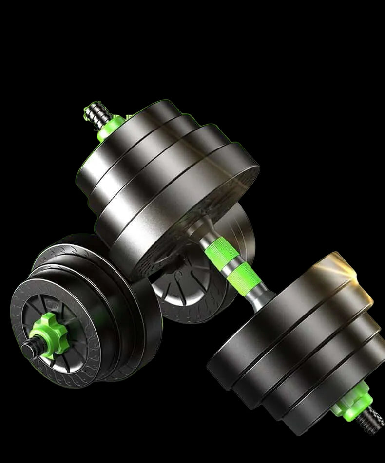 Detachable Metal dumbbell with black and green design, showcasing adjustable weight options.