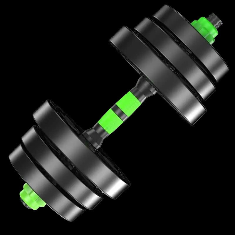 Detachable Metal dumbbell with green accents and black weights, available in multiple sizes including 10kg to 40kg.