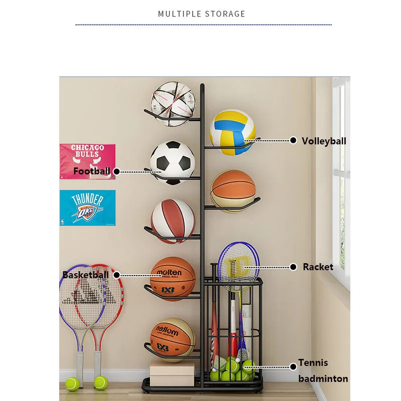 Sports Ball Storage Rack Basketball Badminton Volleyball Freestanding Sport Equipment Organizer Ball Holder For Home Indoor