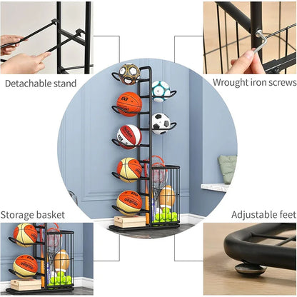 Sports Ball Storage Rack Basketball Badminton Volleyball Freestanding Sport Equipment Organizer Ball Holder For Home Indoor