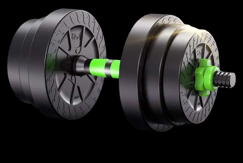 Detachable Metal dumbbell in black and green color, showcasing its adjustable weight feature.
