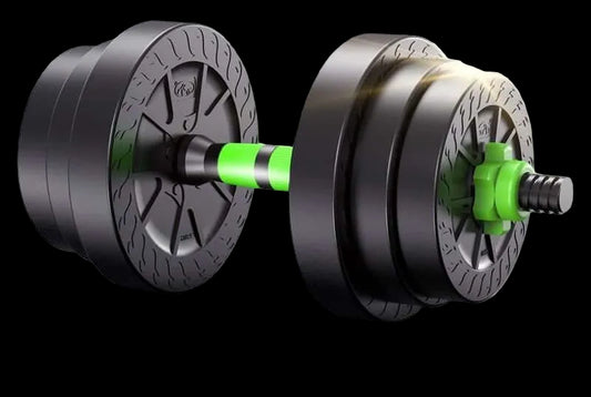 Detachable Metal dumbbell in black and green color, showcasing its adjustable weight feature.